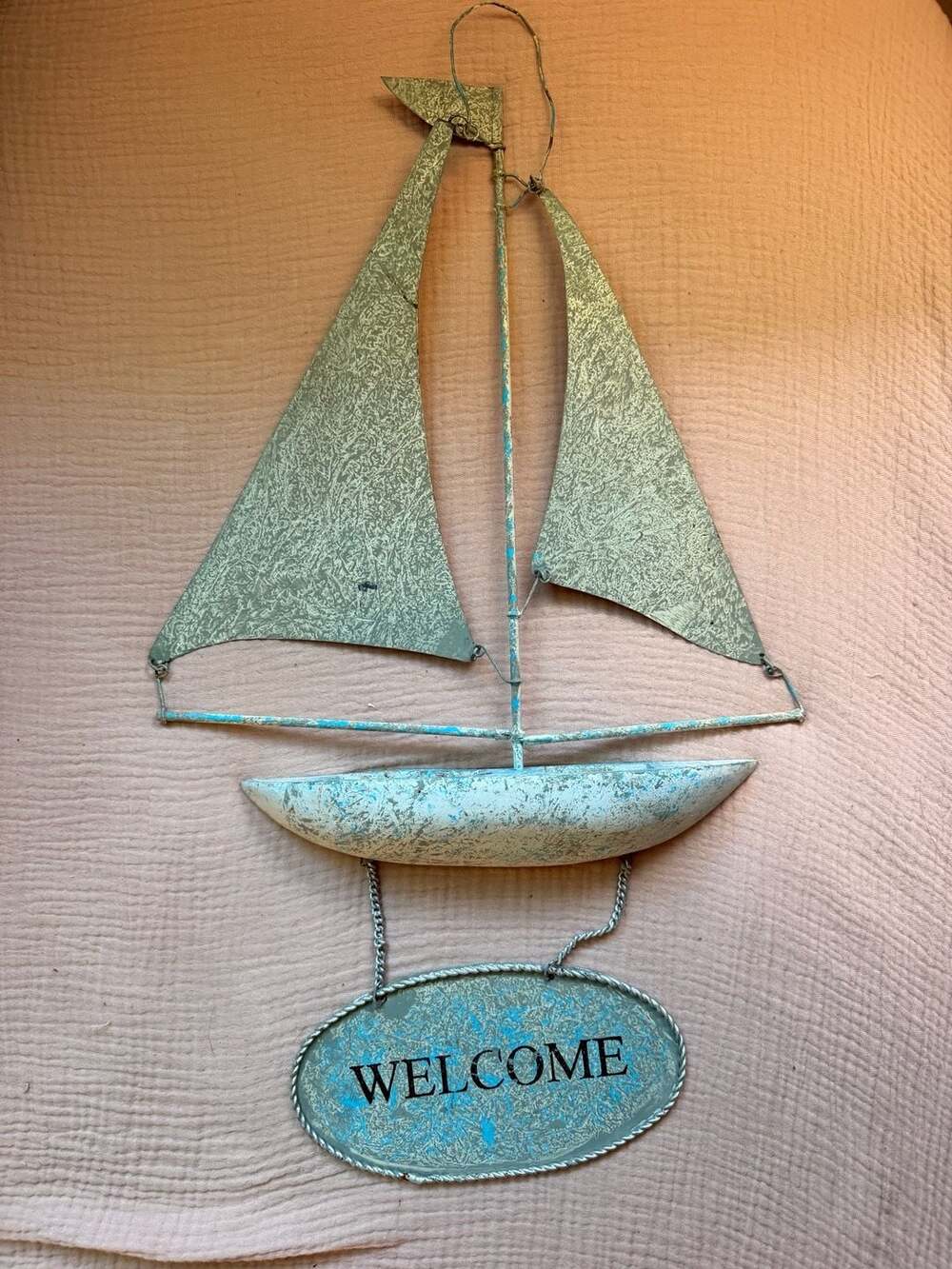Rustic Metal Sailboat Wall Hanging Decor with Welcome Sign